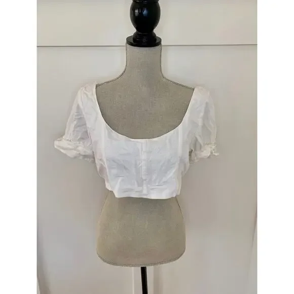 Show Me Your Mumu Fiona Top in White Linen Large Tie Front Puff Sleeve Summer